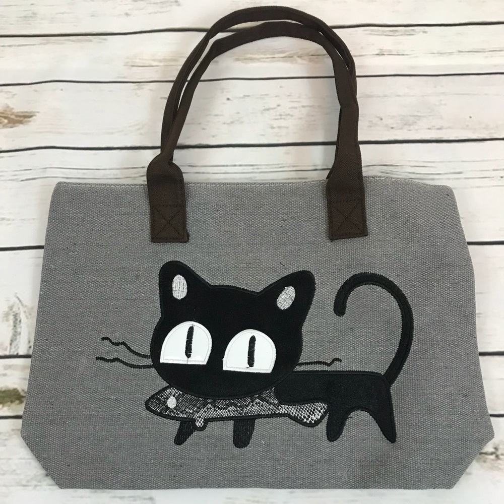Cat with Fish Canvas Tote Handbag Purse - Picture 4 of 8